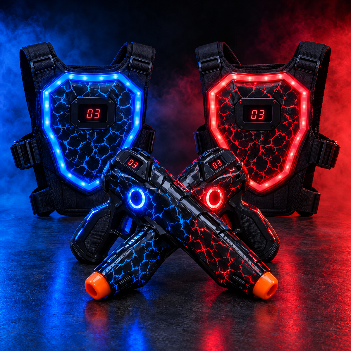 Laser Legends Duo Set: blue and red blasters with matching vests