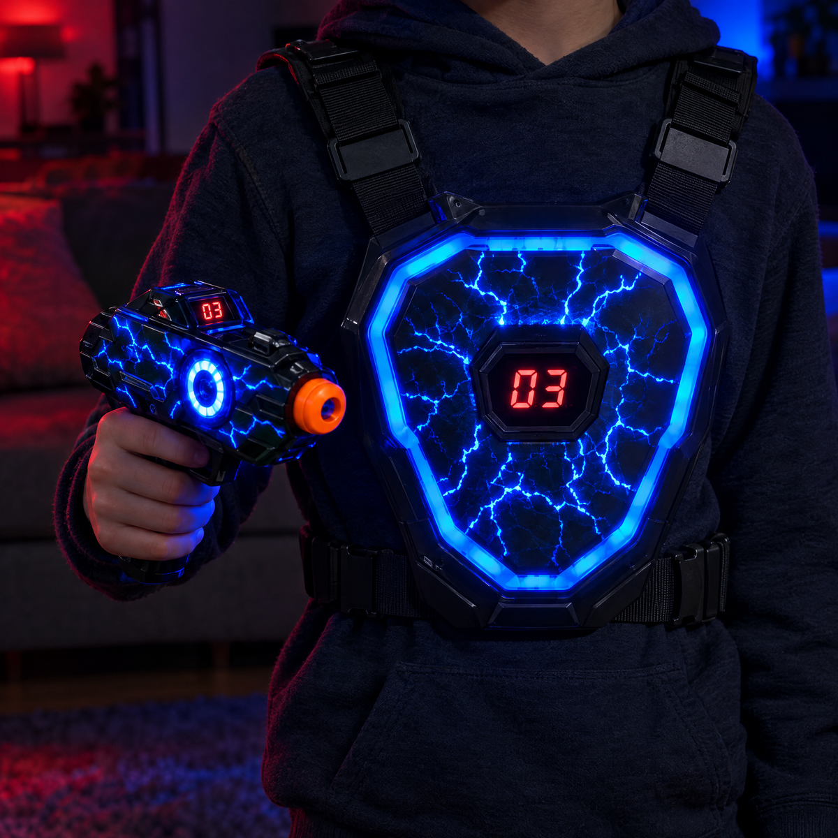 Kid wearing the glowing blue Laser Legends vest with blaster